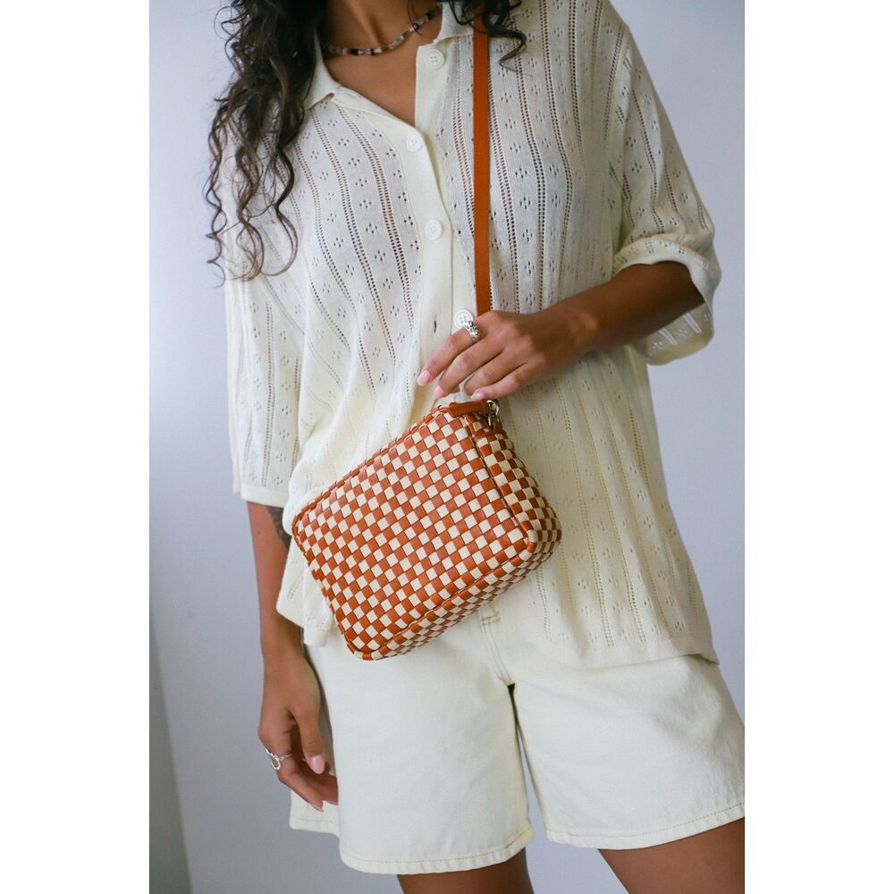 Clare V. Midi Sac Natural & Cream Woven Checker